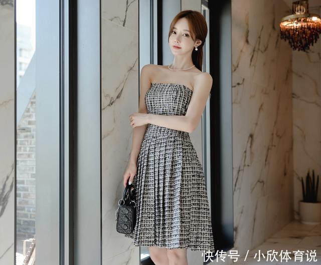 束腰|清凉穿搭孙允珠,棉麻灰白格子皱褶束腰抹胸裙