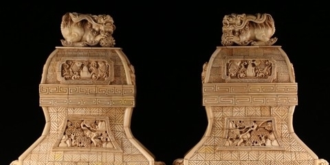 下腹部#收藏精品,牙雕麒麟龙纹大赏瓶一对