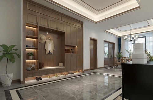 客厅|东北夫妻回乡建370㎡别墅,选胡桃木装中式,刚进门厅就被迷住