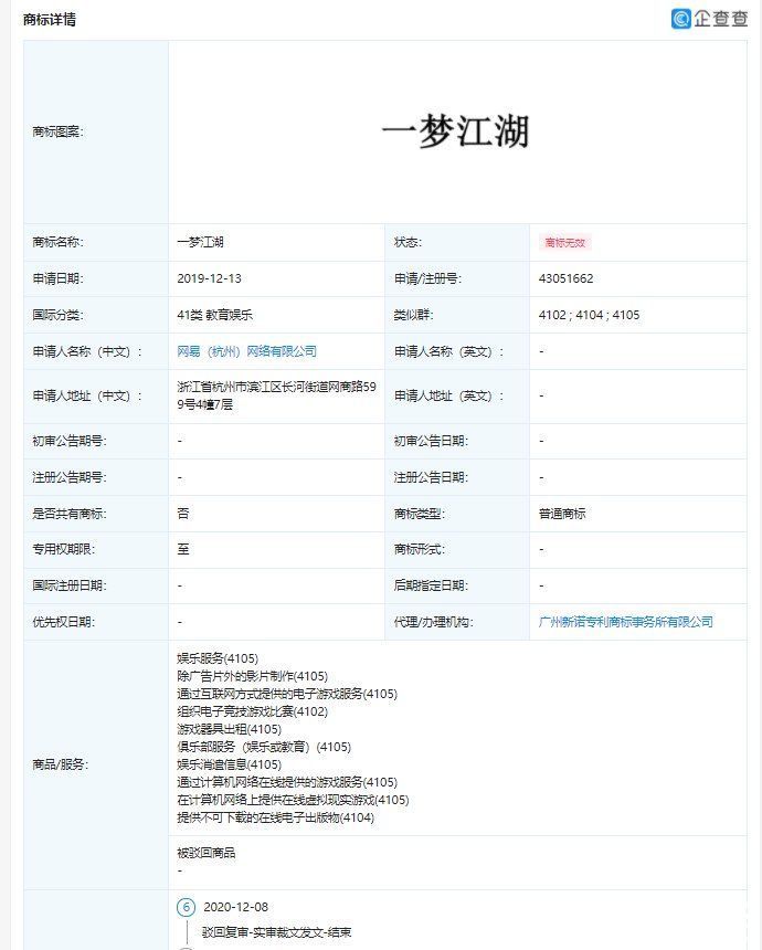 网易诉争|网易诉争“一梦江湖”商标再被驳回