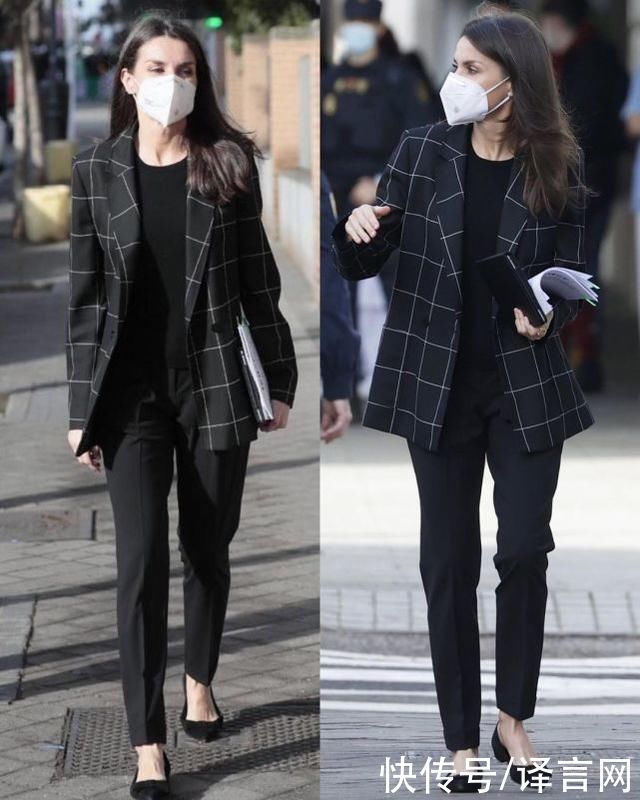 48岁西班牙王后格子外套配烟管裤亮相，穿平底鞋也挺拔，白发显眼