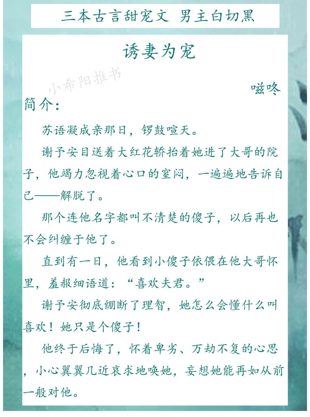 小姑娘|推文：三本古言甜宠文 男主偏执白切黑《诱妻为宠》《嫁病娇后我咸鱼了》《春夜》