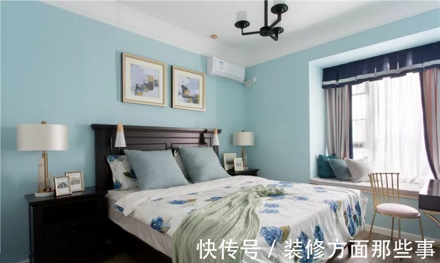 二居室|102平美式二居室,卧室蓝白配有一种清新浪漫的氛围