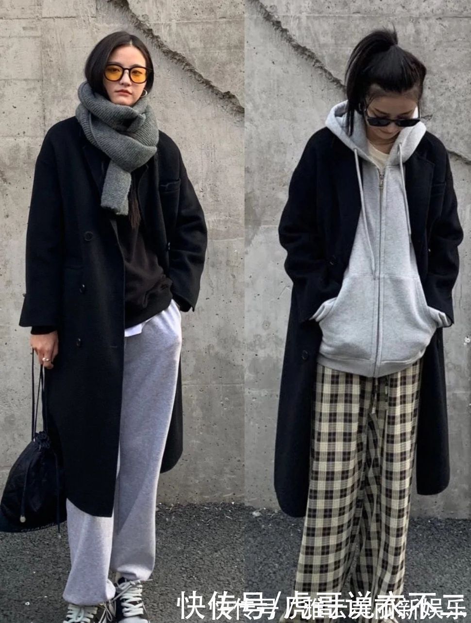 卫衣 大衣在配不在多,学韩国博主一衣多穿,一件黑大衣一周穿搭不重复