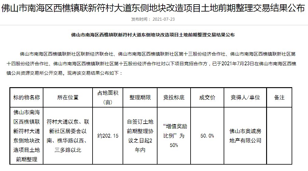 经济联合社|奥园中选!西樵联新村改造地块前期整理方敲定!整理期限2年