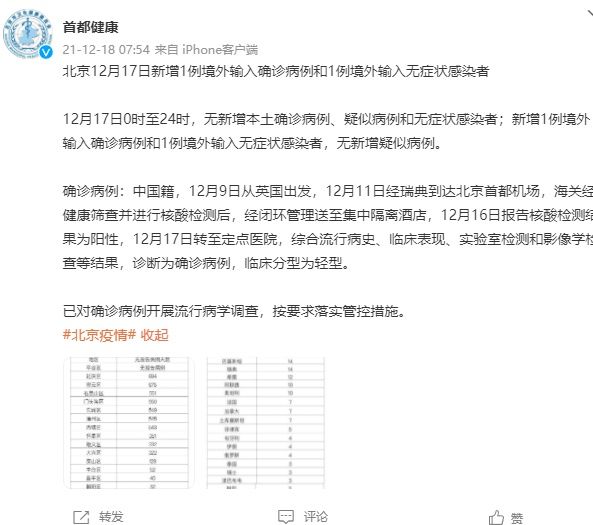 确诊|北京12月17日新增1例境外输入确诊病例和1例境外输入无症状感染者