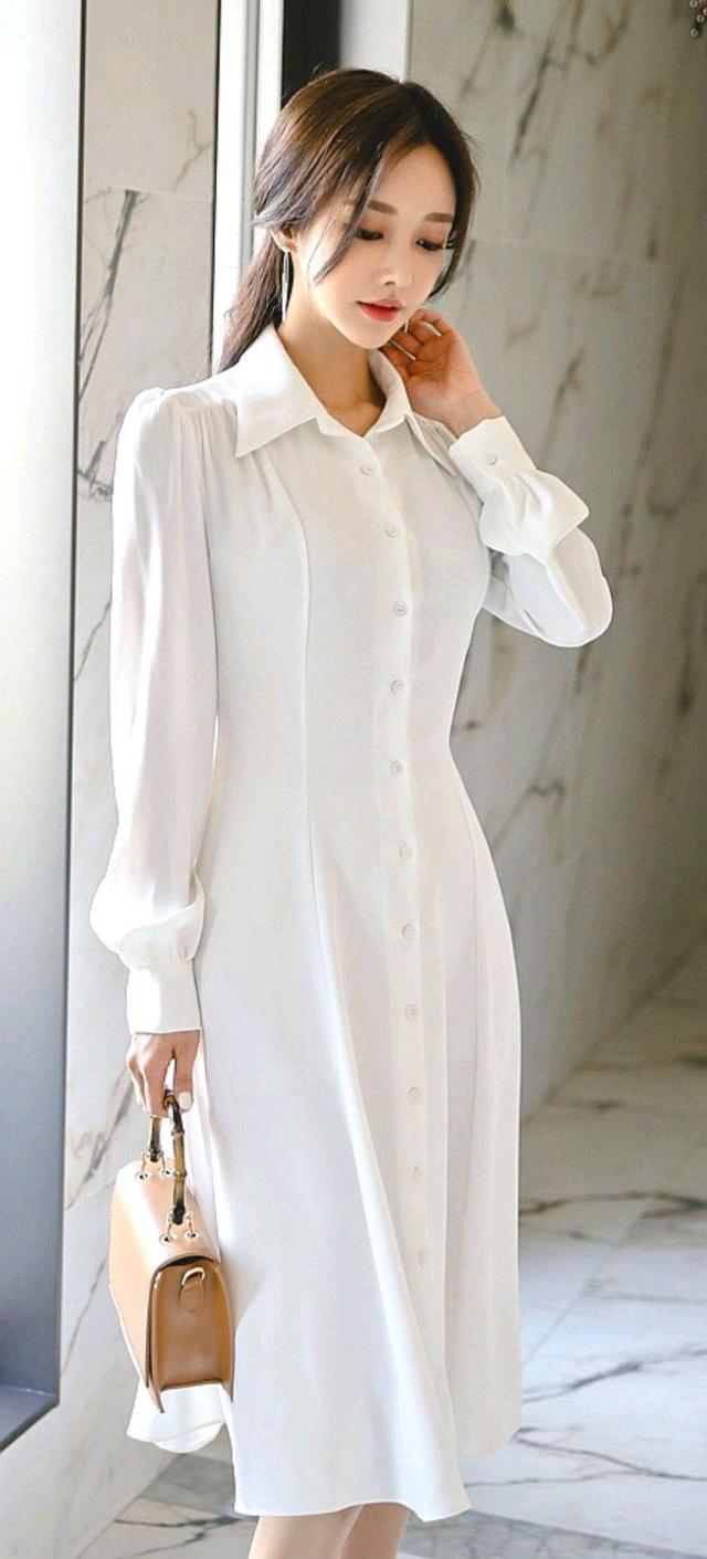 孙允珠时尚穿搭收腰长款白色衬衫连衣裙