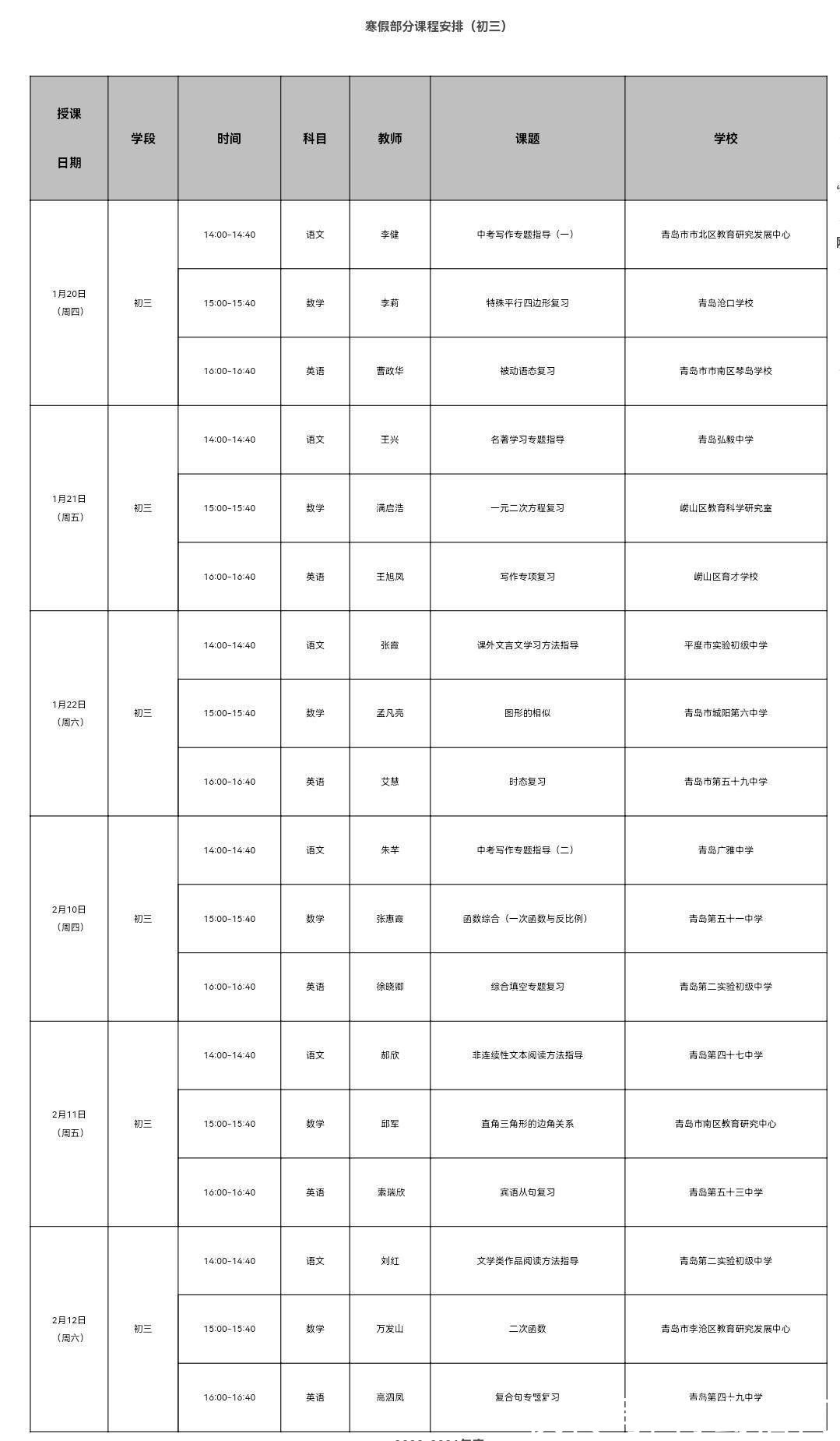 名师|青岛名师空中课堂1月20日开课 包含小初高学段课程