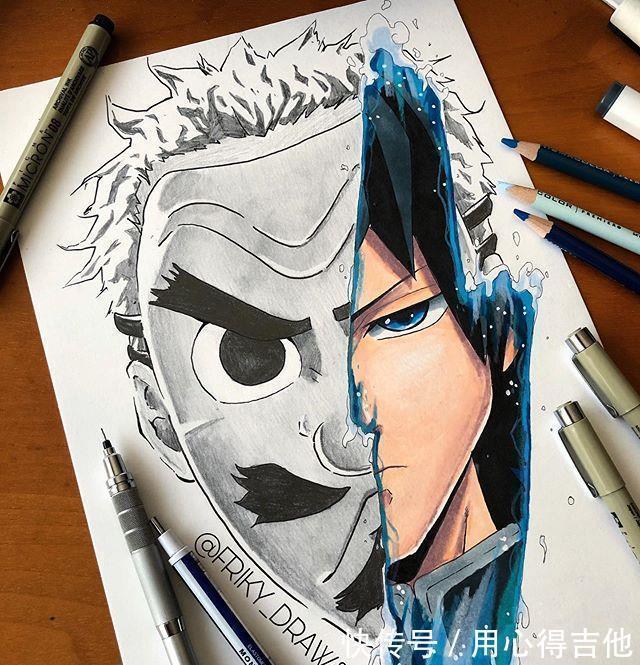 萨诺斯|画师创作动漫人物分裂画风，素描加上彩稿呈现出精彩的对比效果