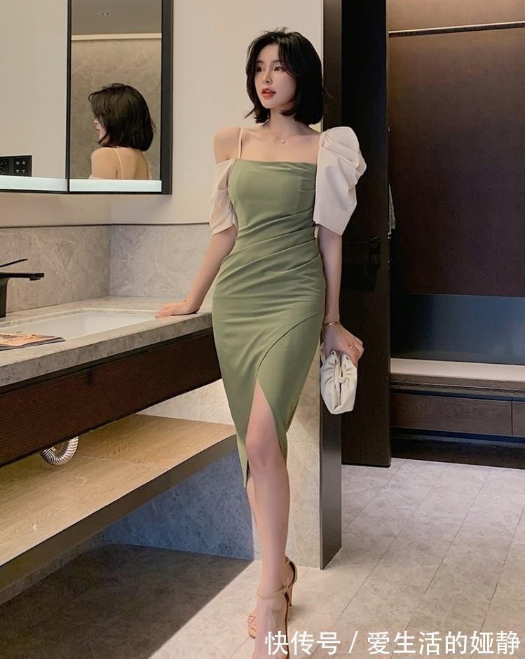 灯笼袖|牛油果撞色灯笼袖吊带连衣裙夏季新款露肩显瘦度假风抹胸包臀中裙