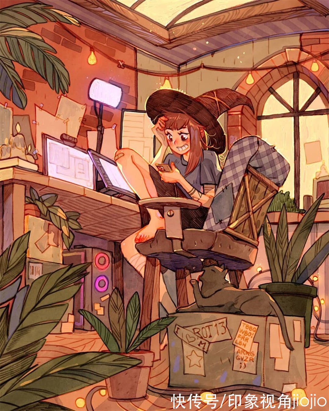 日常插画#复古风的女巫日常插画作品,猫咪灵魂陪伴设定太有爱了