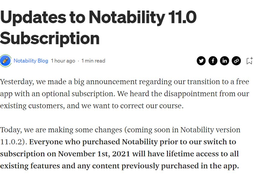 订阅期|Notability 妥协：11 月 1 日前购买的用户可继续享受终身使用权