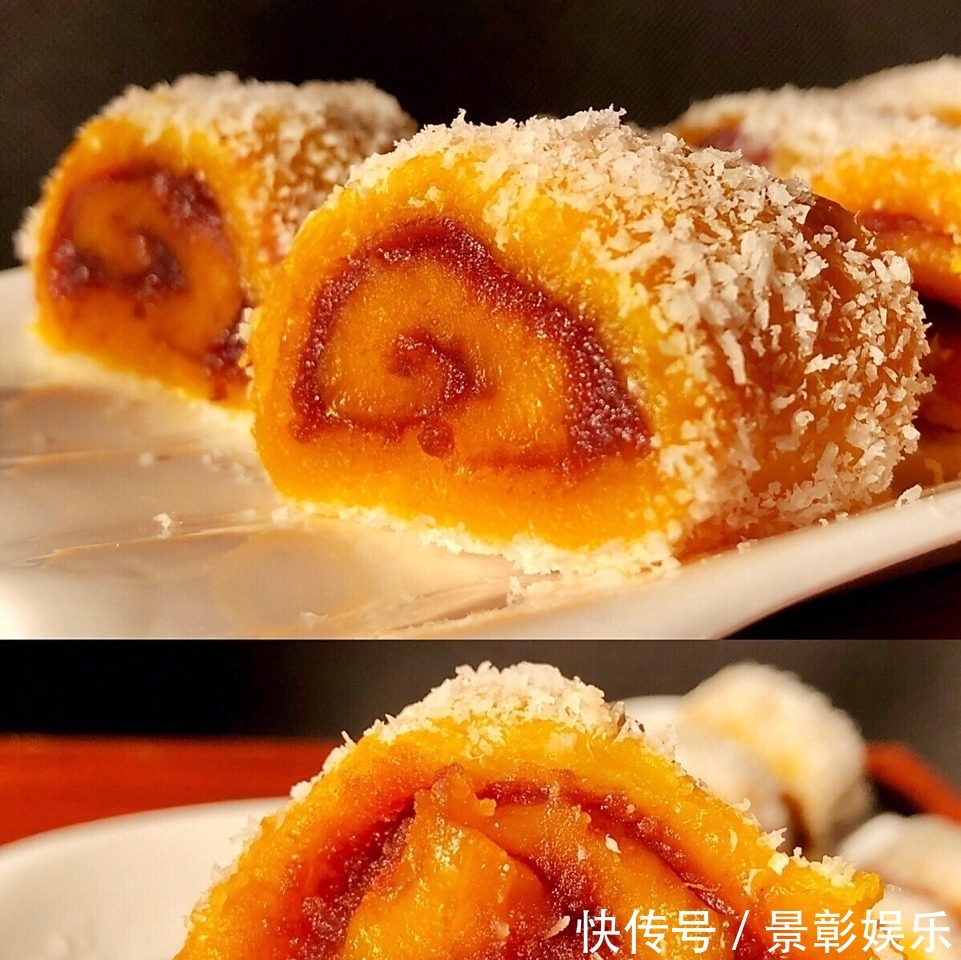 教你做一个又好看又好吃的甜点，南瓜豆沙糯米卷，香甜软糯超好吃