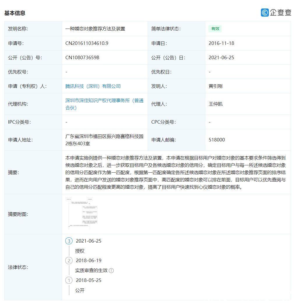 概率|腾讯获“推荐婚恋对象”专利授权，可提高用户找到心仪者的概率