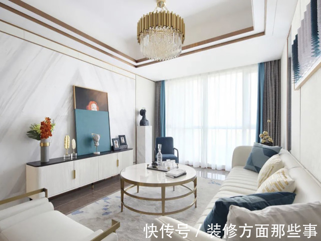 客餐厅|98平蓝色地中海风三居室,满足于三代同堂的生活需求