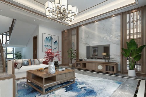 客厅|东北夫妻回乡建370㎡别墅,选胡桃木装中式,刚进门厅就被迷住