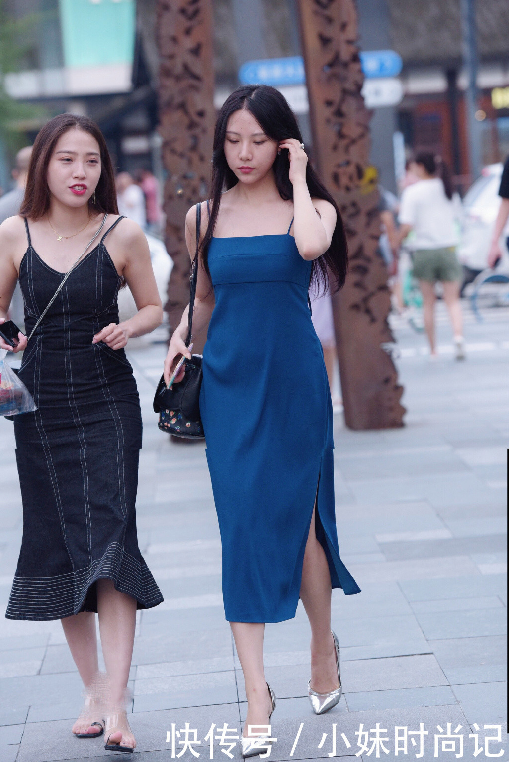 好看|街拍:肩型好看才适合穿吊带裙, 配上修身的设计, 造型瞬间变优雅
