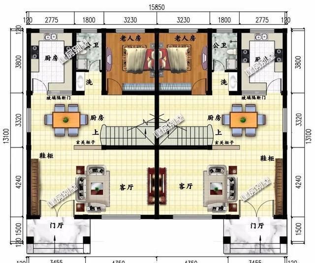 30万左右建一栋两层双拼别墅，每户卧室4-5个，很实用的设计