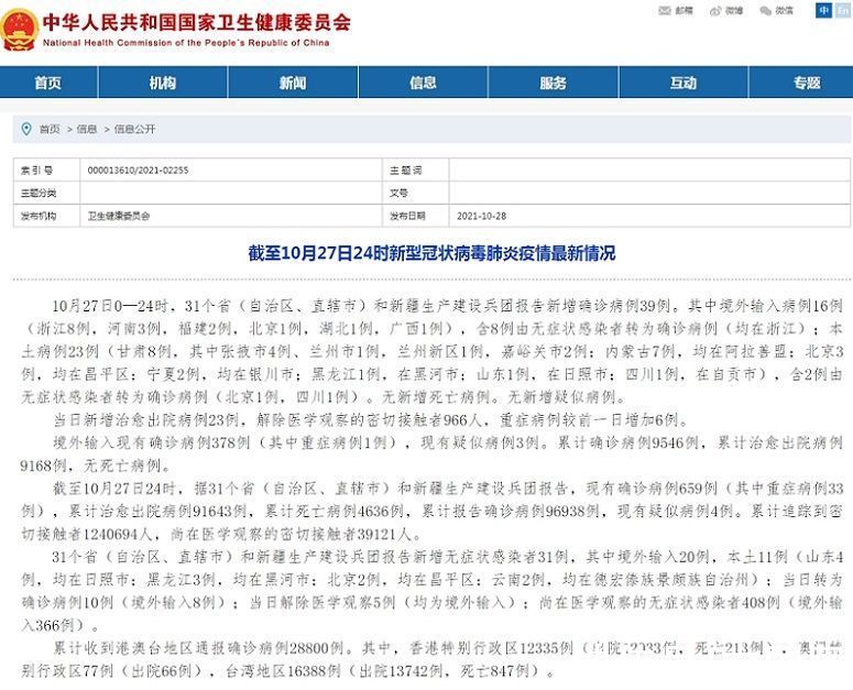 新疆生产建设兵团|国家卫健委：10月27日新增新冠肺炎本土确诊病例23例、本土无症状感染者11例