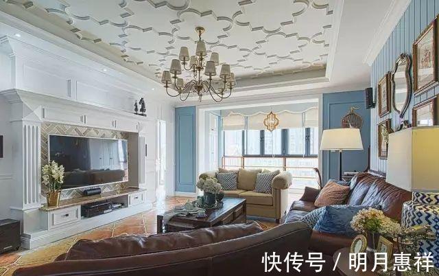 美式|143平米四室新房，蓝色背景墙，花纹吊顶，经典美式风格