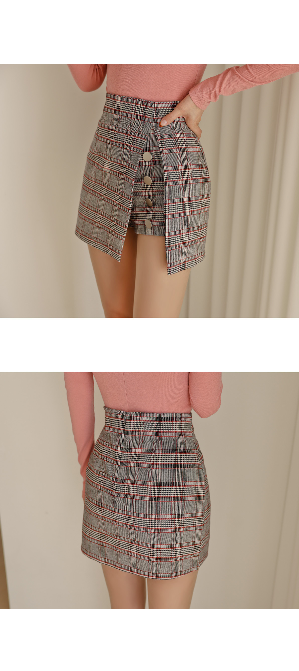 排扣|女神孙允珠时尚搭配:韩版时尚高腰显瘦包臀开叉侧排扣格子半身短裙