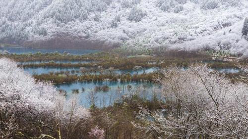 九寨沟迎来春雪 蓝白呼应造就梦幻冰雪世界