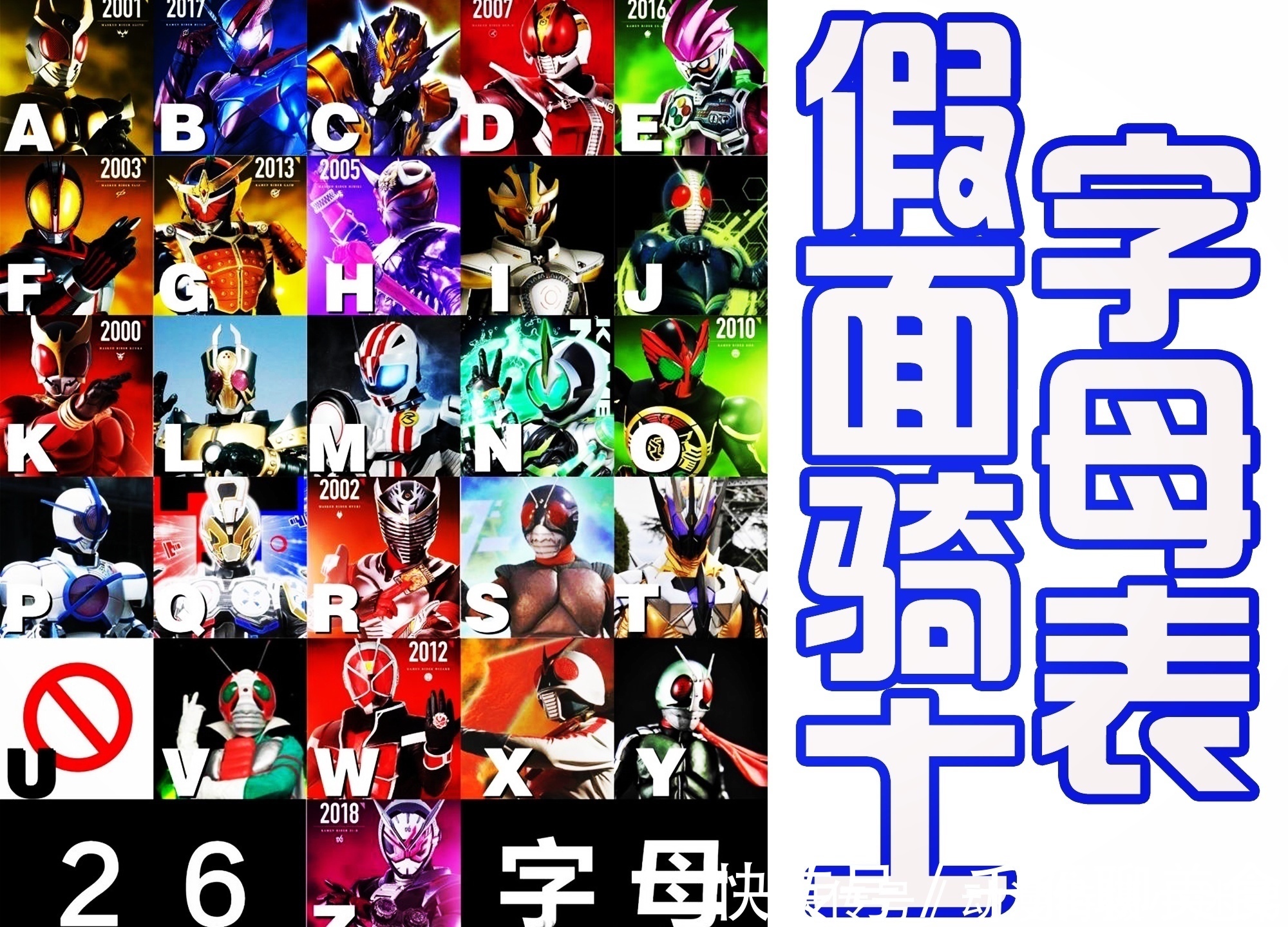 假面骑士bl26个字母表，骑士缺少1位，U咩可以顶上，而奥特曼还缺少3位