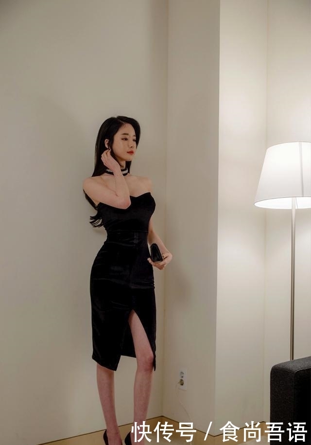 紧身|一袭黑色紧身连衣裙,白皙皮肤,修长美腿