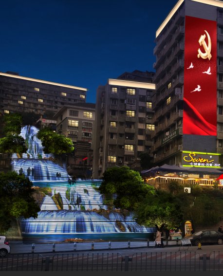 外立面|梯道变“瀑布”！万州新景观3D动漫瀑布群月底亮相！