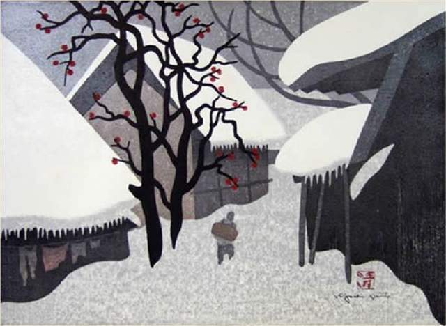 版画!日本近代版画大师斋藤清冬日雪景系列版画作品