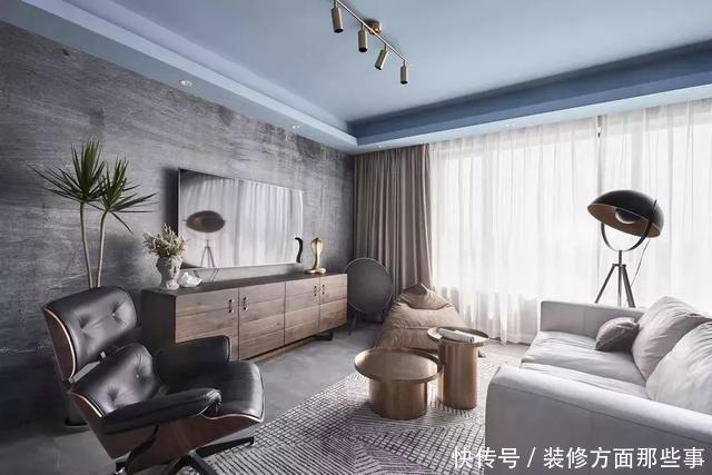 吊顶|108㎡现代三居室，蓝色吊顶，水泥背景墙，时尚有格调的新家