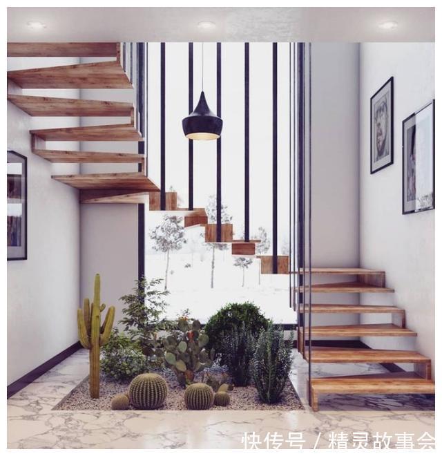 鱼池|楼梯位下竟然能造景，灯带、绿植、鹅软石太惬意了，1㎡都不能浪费