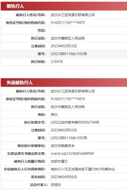 武汉长江足球俱乐部被列为失信被执行人