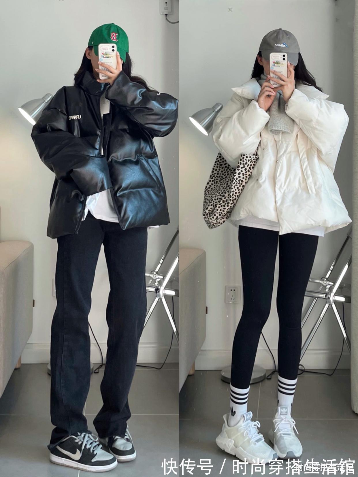 街拍 羽绒服+鲨鱼裤=2021年王炸组合,时髦显瘦又高级,冬天穿很好看?