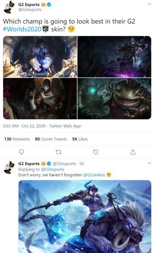 G2|G2战队又开始膨胀,正在选冠军皮肤,大神帮他们做了一套