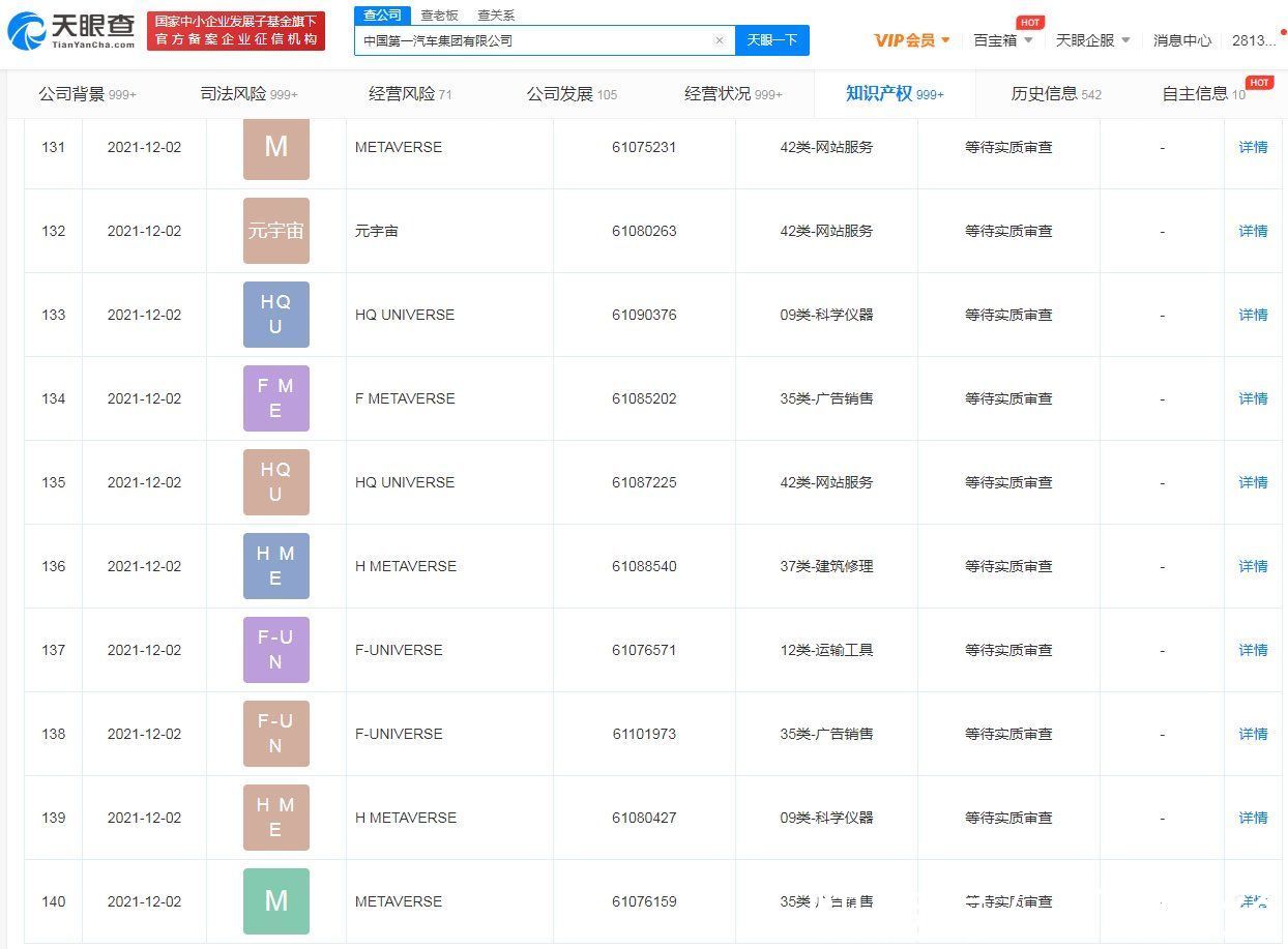 元宇宙|一汽集团申请元宇宙商标