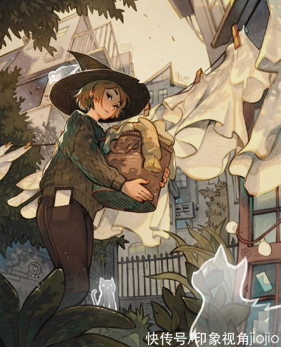 日常插画#复古风的女巫日常插画作品,猫咪灵魂陪伴设定太有爱了