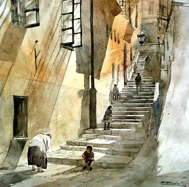 水彩画@波兰水彩画家拉法尔的街市景观画,耐看!