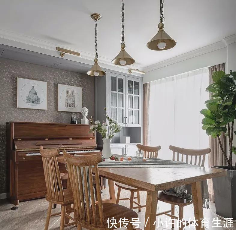 地砖|147㎡美式小豪宅,玄关六边形地砖美极了,原木餐厅低调大气