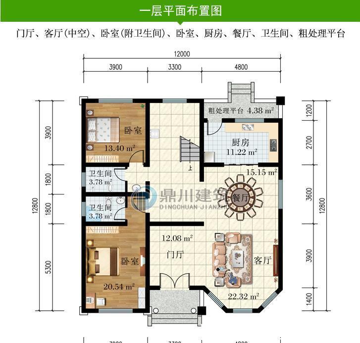 别墅|12×12.8米，三层农村别墅，复式挑高客厅，宽敞屋顶露台