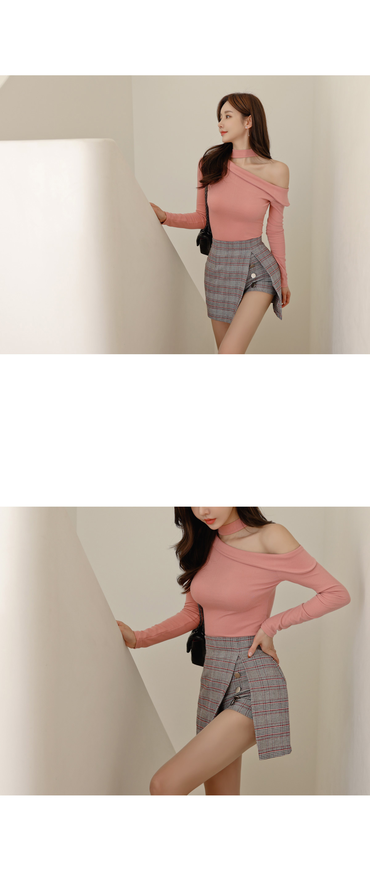 排扣|女神孙允珠时尚搭配:韩版时尚高腰显瘦包臀开叉侧排扣格子半身短裙