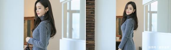 蓝灰色|孙允珠高清美图:麻纹高领蓝灰色甜美针织裙!