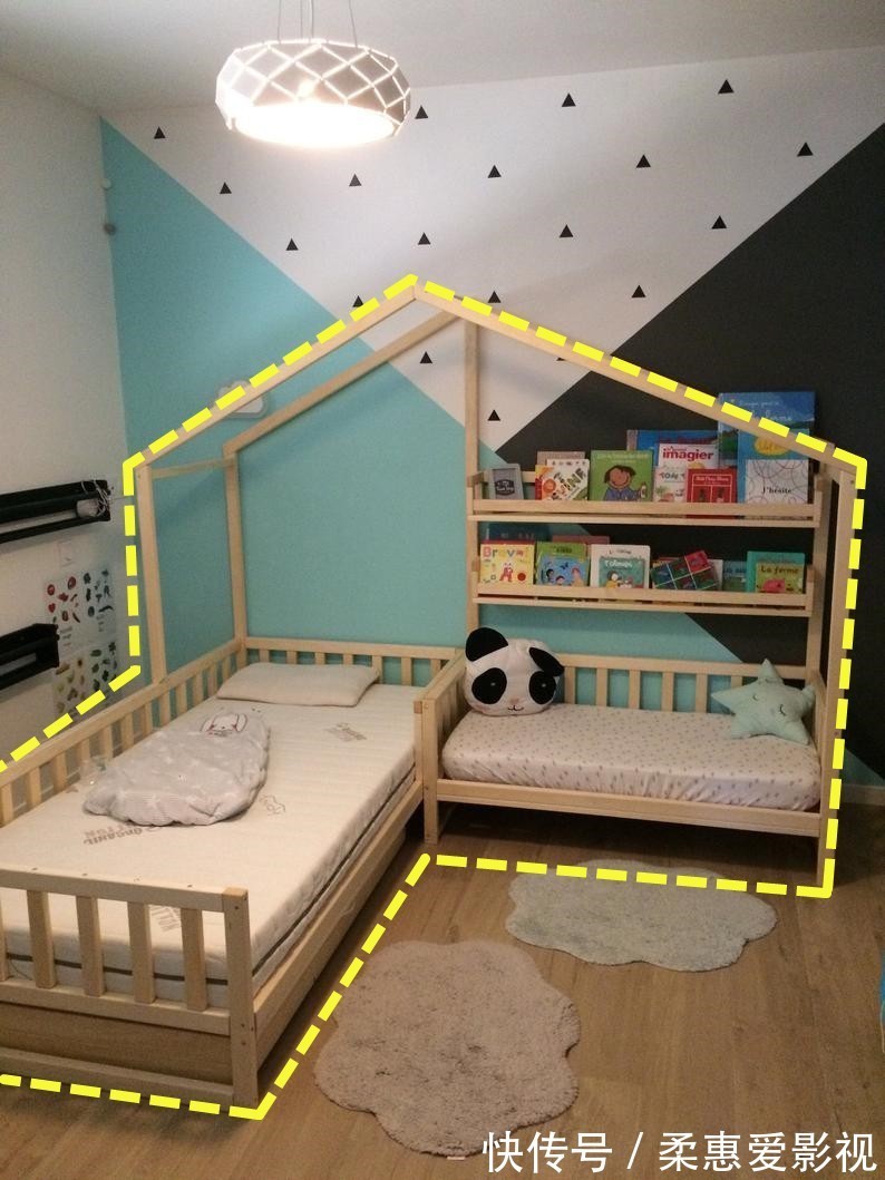 卧室|2个孩子上下铺不是首选,卧室拐角摆一张一体式双人床,安全宽敞