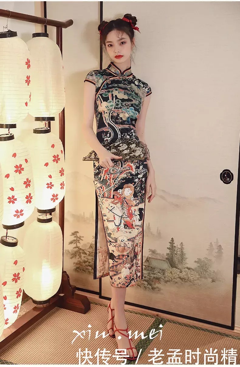 旗袍女人: 长款少女旗袍, 国潮短裙, 烈焰红唇丸子头, 美艳可爱