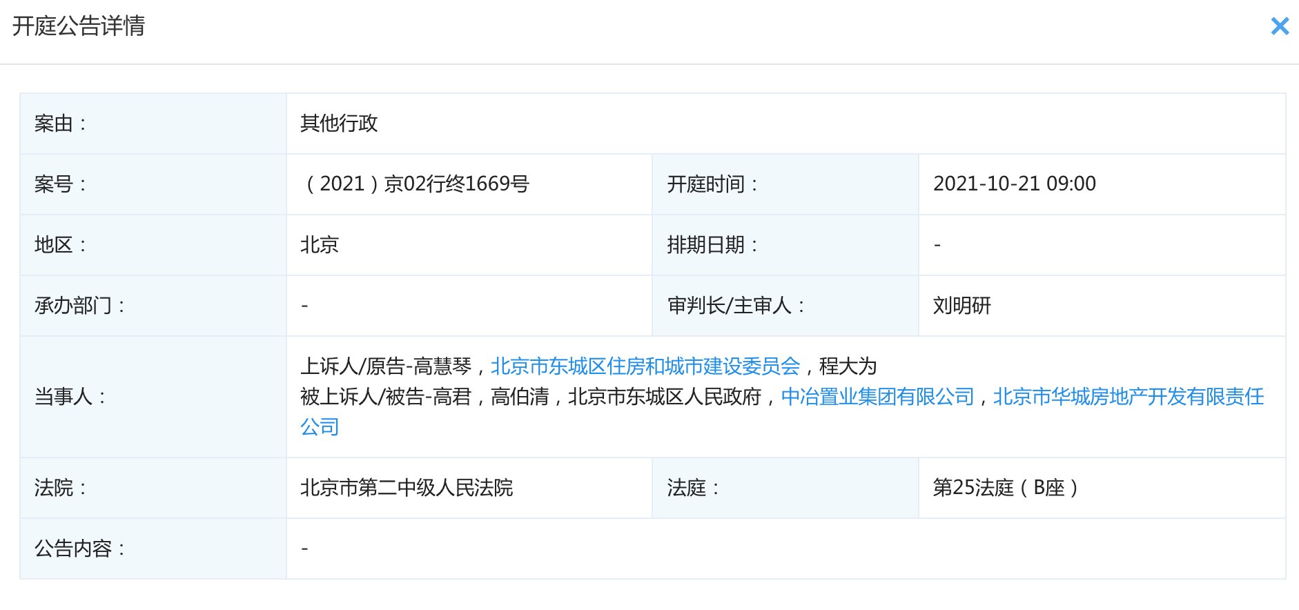 刘福明|北京东城住建委状告中冶置业等，案由为其他行政