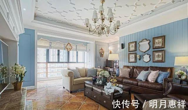 美式|143平米四室新房,蓝色背景墙,花纹吊顶,经典美式风格