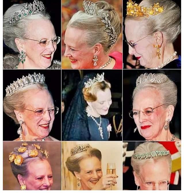 玛格丽特!丹麦玛格丽特二世女王审美独特,多顶黄金花卉头饰,造型古怪