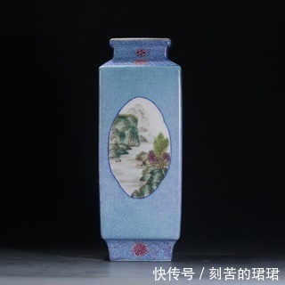 蓝釉&清,蓝釉粉彩开窗四方赏瓶