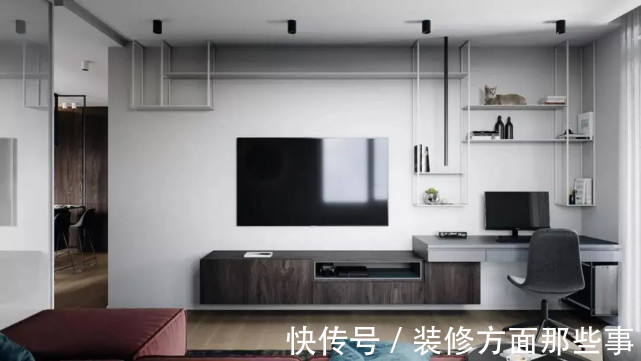 餐桌|86平现代二居室，餐桌、与中岛相连用金属架做「漂浮」状