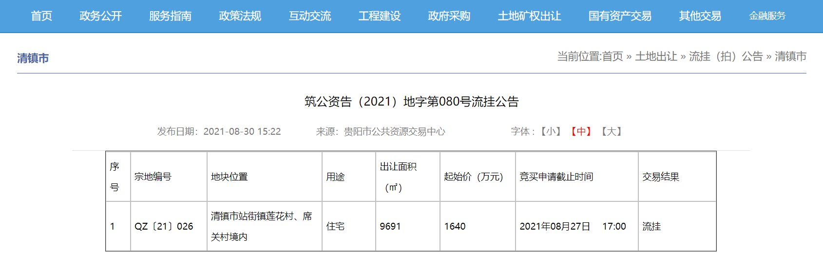商住|总成交价1.48亿，贵阳周边2宗宅地成交，另有1宗宅地流拍
